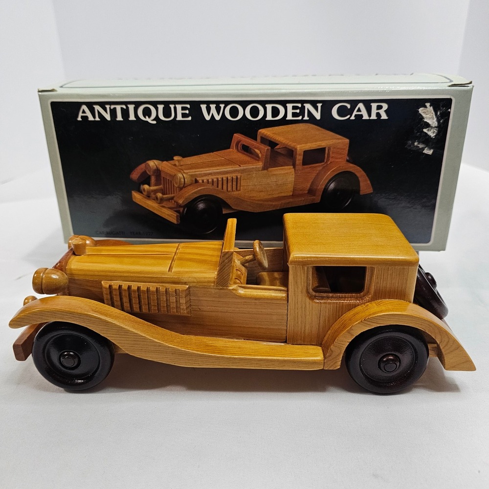 Vintage Wooden Car Model 1927 Bugatti Style Handcrafted Decor with Box